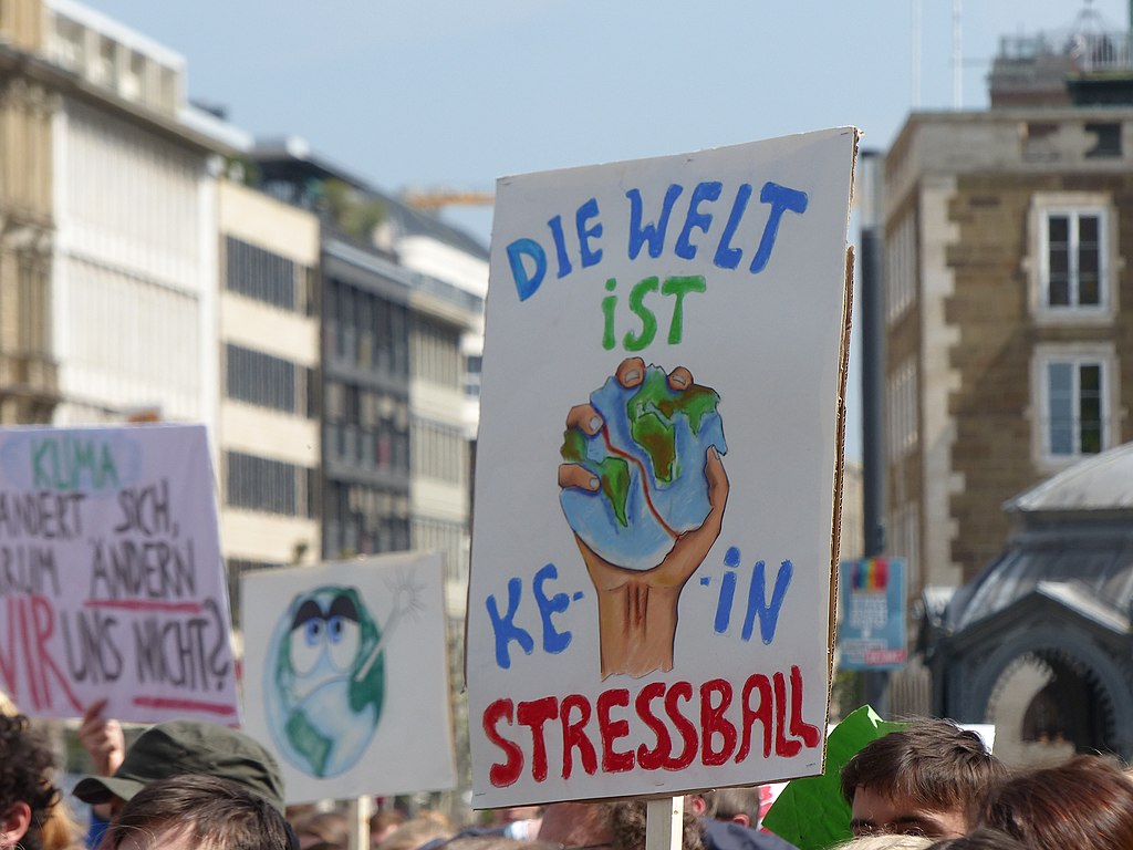 Foto: Auf einer Demonstration wird ein Plakat in die Höhe gehalten. Darauf zerquetscht eine Hand eine Weltkugel. Drum herum die Aufschrift "Die Welt ist kein Stressball"