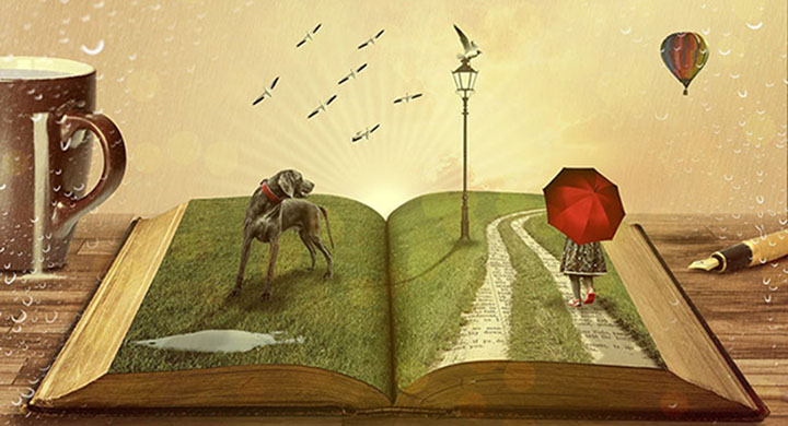 Beitragsbild zu Geschichten, Narration und Storytelling. Auf einem Tisch liegt ein aufgeschlagenes Buch. Darauf zu sehen ist links stehend ein Hund und rechts eine Figur mit einem roten Regenschirm. Über beiden fliegen Vögel und ein Heißluftballon. Neben dem Buch steht links eine Tasse und rechts liegt ein Füller.