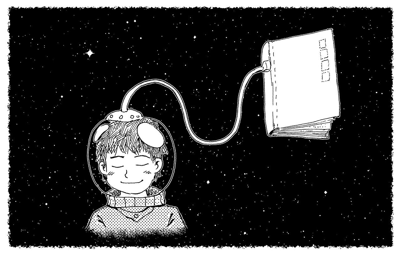 Das Beitragsbild "Spielarten des medialen Storytellings" zeigt eine Illustration in schwarz/weiß. Es ist links der Oberkörper einer Kinderfigur zu erkennen. Sie trägt einen Astronautenhelm, dessen Schlauch mit einem Buch, das rechts oben schwebt zu sehen ist. Der Hintergrund zeigt einen schwarzen Sternenhimmel. Die Figur befindet sich im Weltraum.
