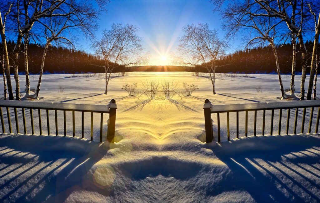 Foto: Schneelandschaft im Sonnenuntergang. Im Vordergrund ein Zaun, im Hintergrund Birken und ein Wald.