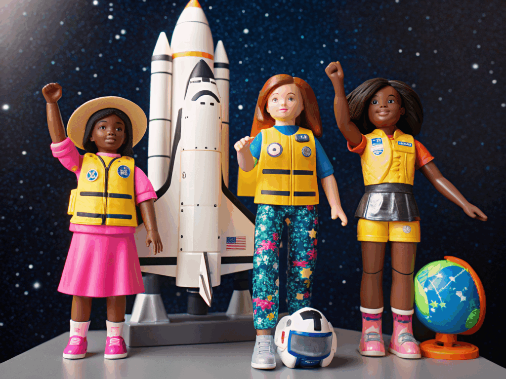 3 Puppen vor einer Spielzeugrakete