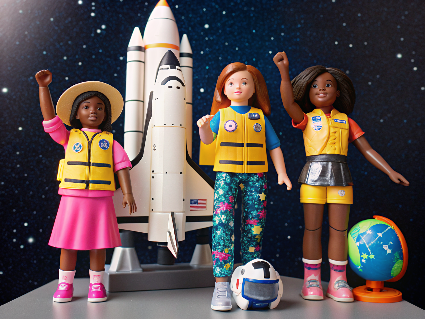 3 Puppen vor einer Spielzeugrakete